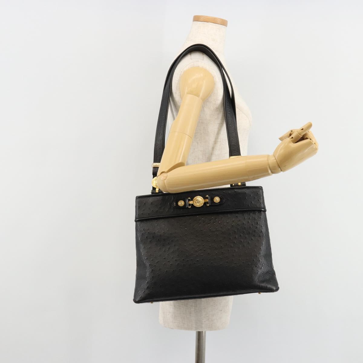 Gianni Versace Shoulder Bag Leather Embossed Black Gold Auth 183020