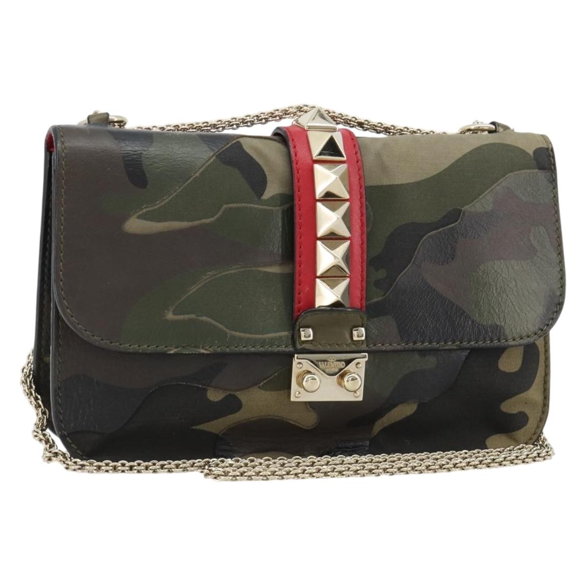 VALENTINO Chain Shoulder Bag Leather Green Gold Auth 183023A