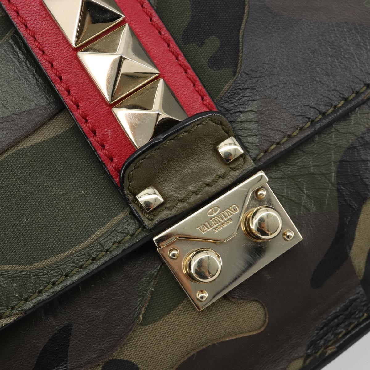 VALENTINO Chain Shoulder Bag Leather Green Gold Auth 183023A