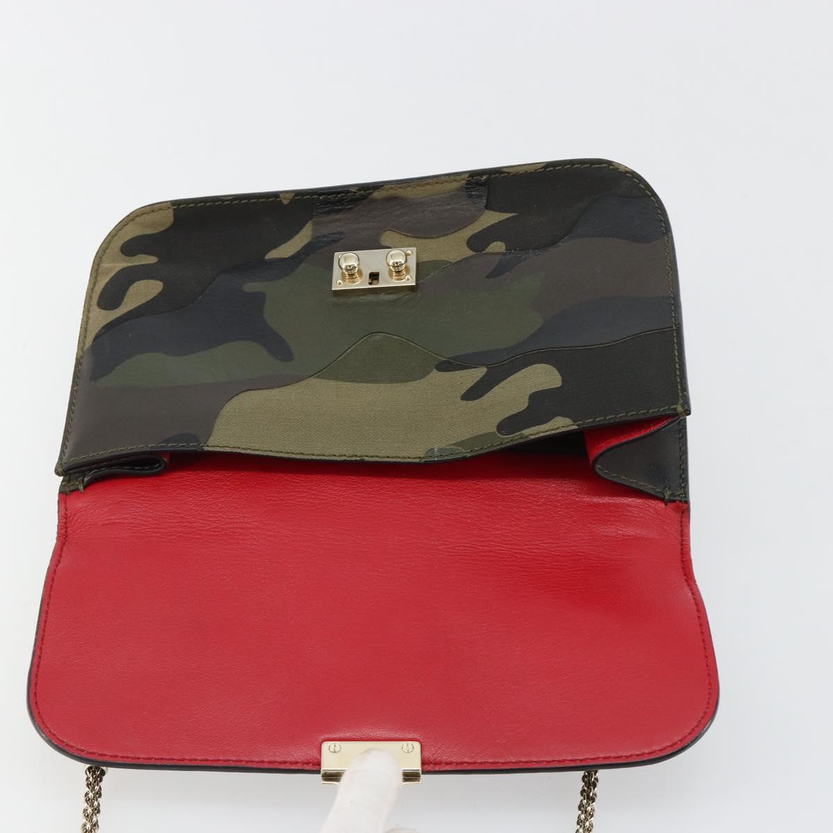 VALENTINO Chain Shoulder Bag Leather Green Gold Auth 183023A