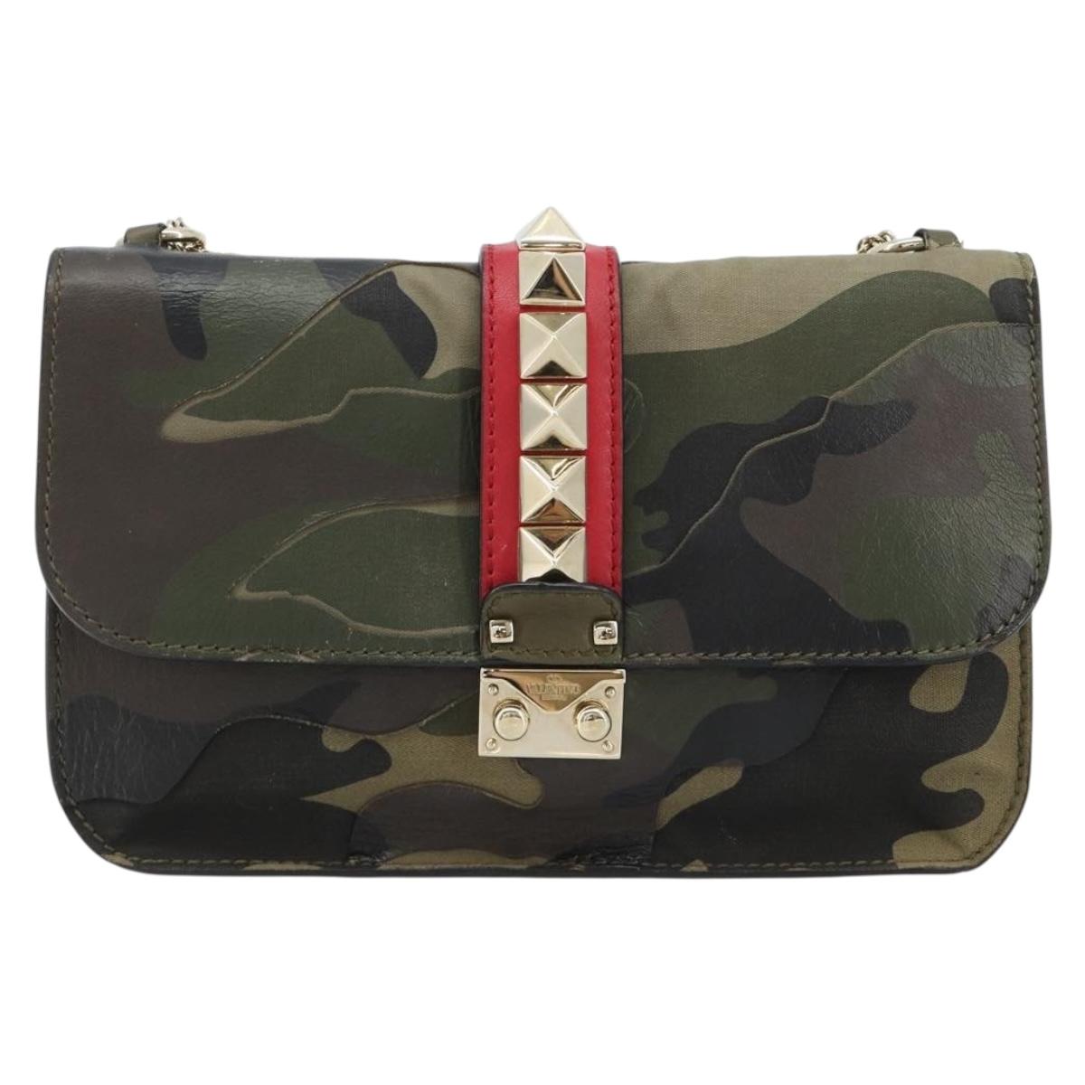 VALENTINO Chain Shoulder Bag Leather Green Gold Auth 183023A