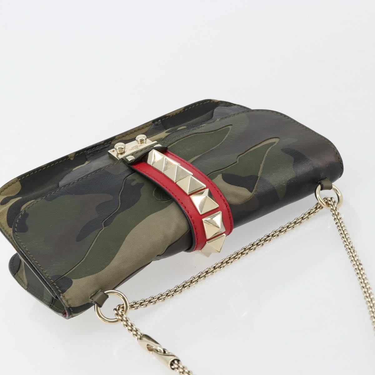 VALENTINO Chain Shoulder Bag Leather Green Gold Auth 183023A