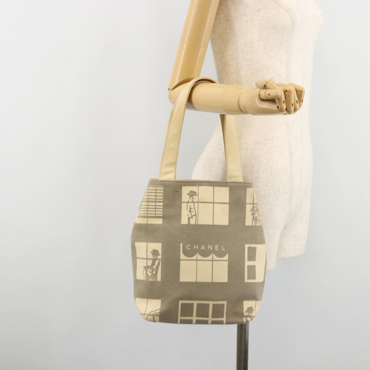 CHANEL Window line Tote Bag Canvas Beige Gold CC Auth 183024