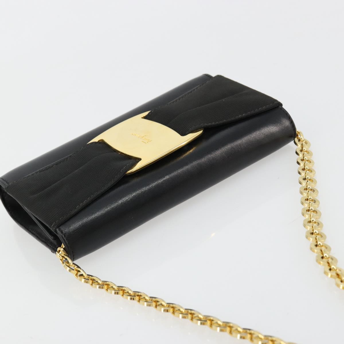 Salvatore Ferragamo Vala Chain Shoulder Bag Leather Black Gold Auth 183025