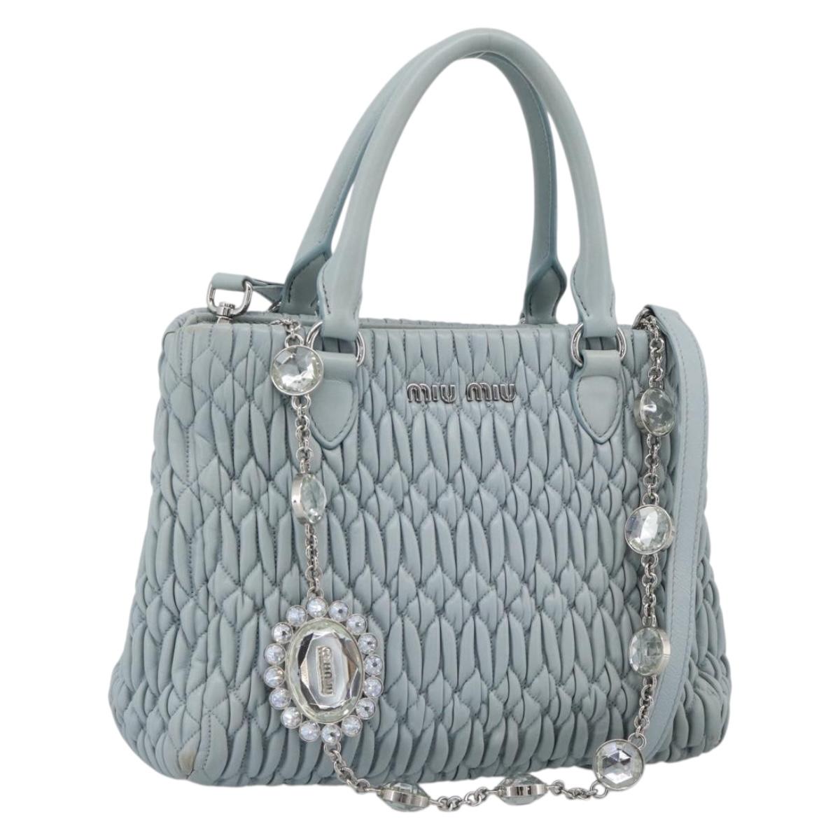 Miu Miu Matelasse Chain Shoulder Bag Leather 2way Silver Light Blue Auth 183039A