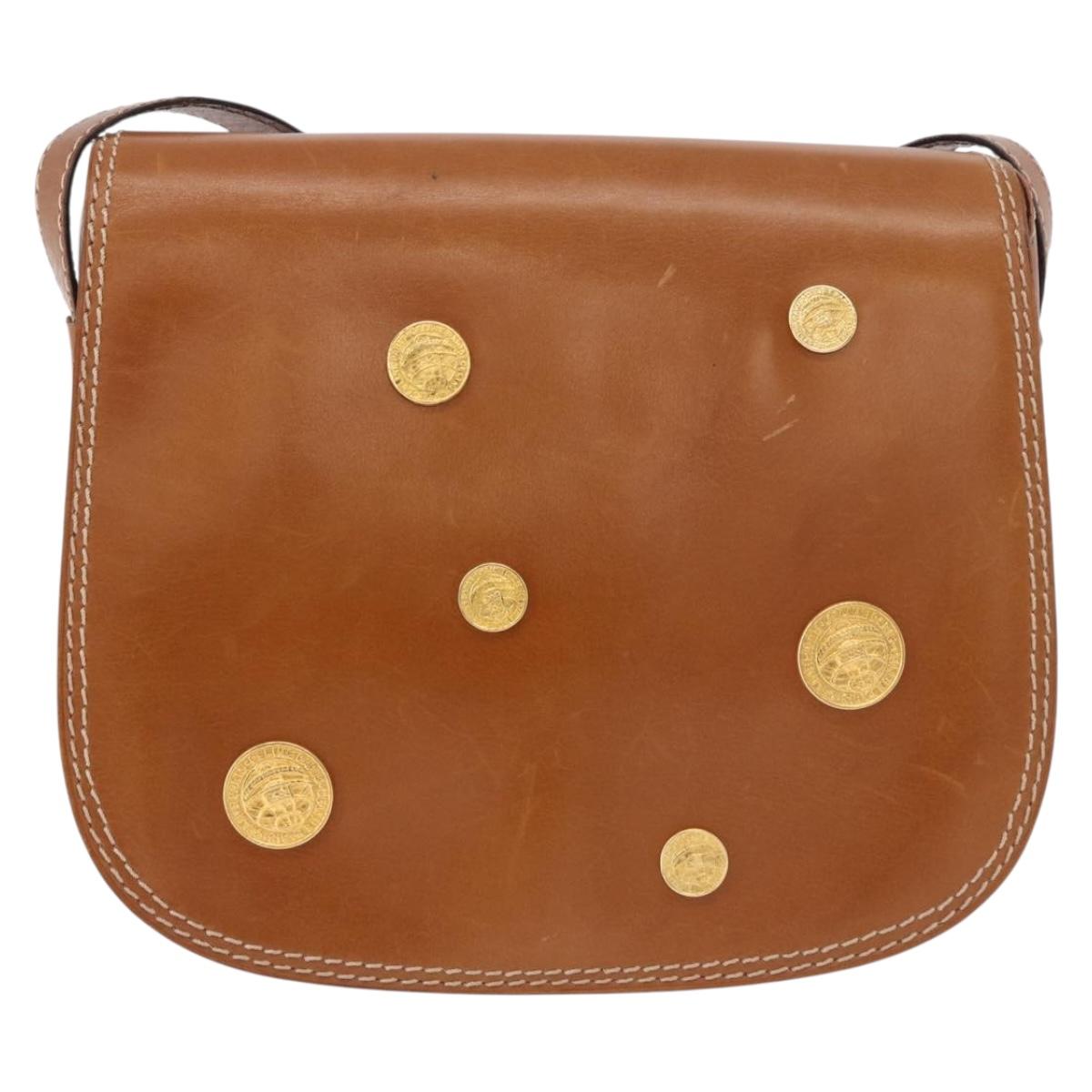 CELINE Medal Shoulder Bag Leather Brown Gold Auth 183053A