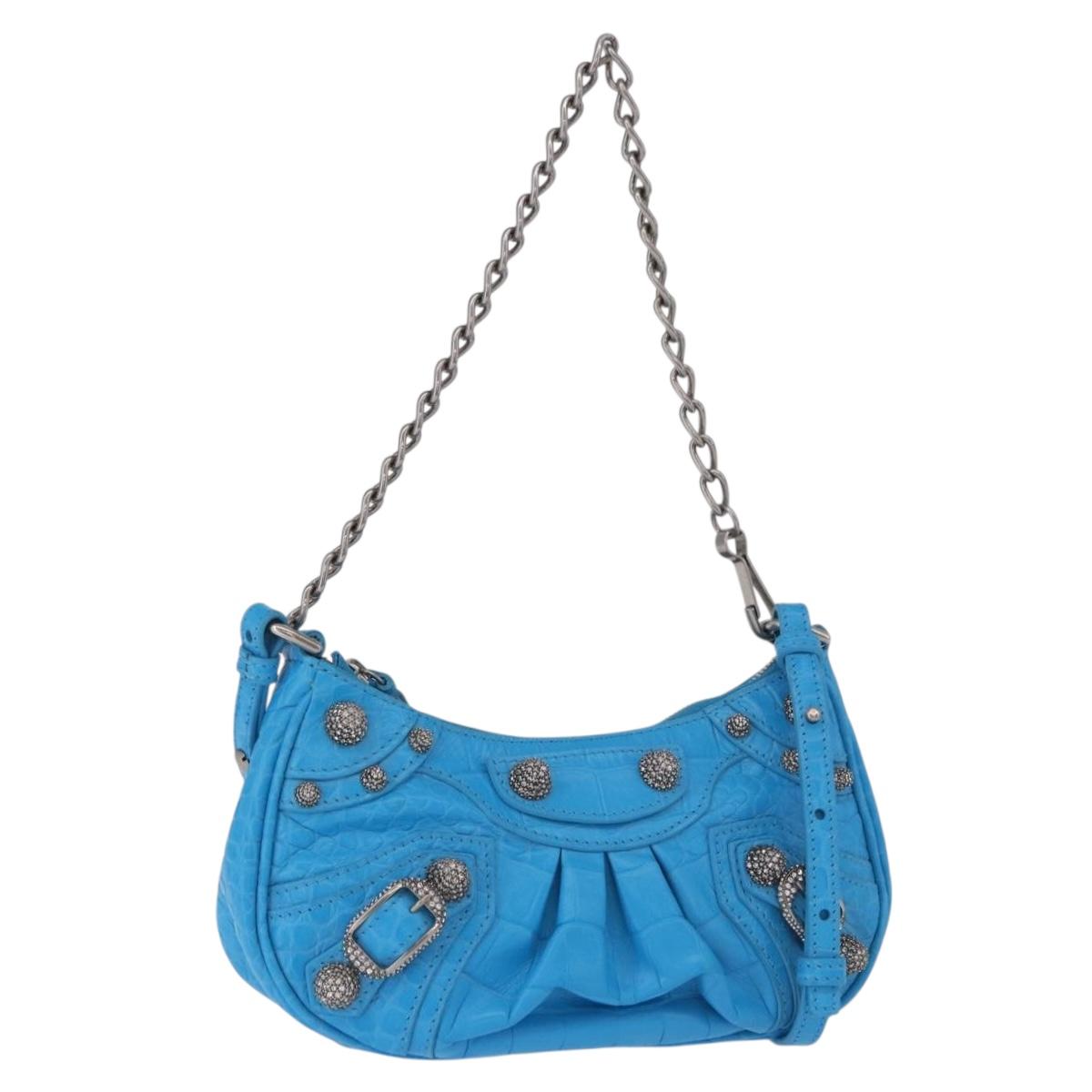 BALENCIAGA Chain Lucagol Mini Bag Leather 2way Blue Silver 695814 Auth 183060M