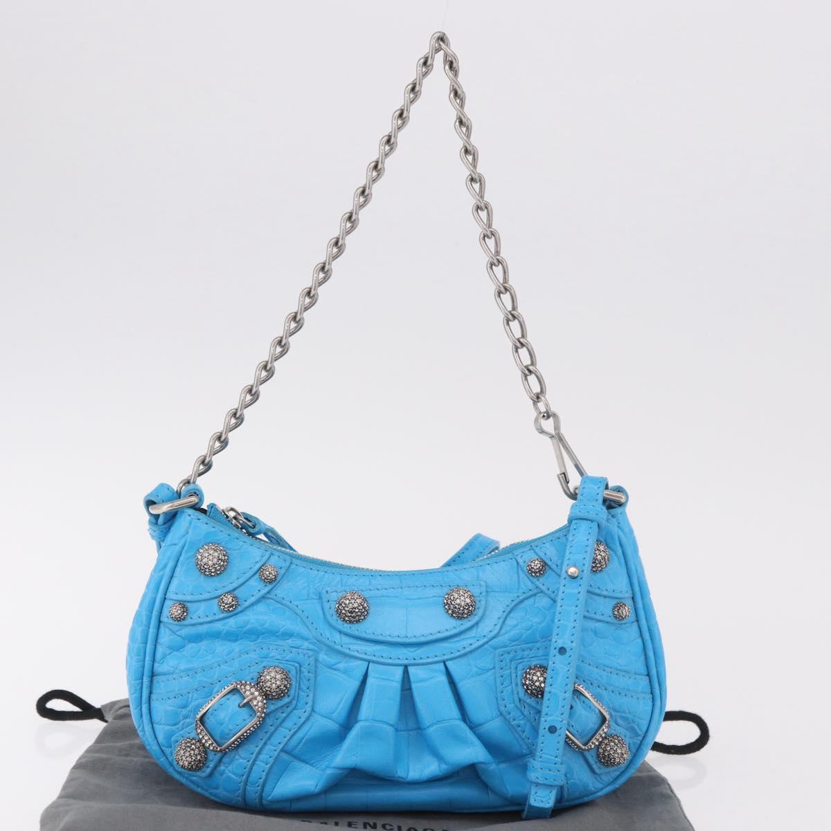 BALENCIAGA Chain Lucagol Mini Bag Leather 2way Blue Silver 695814 Auth 183060M