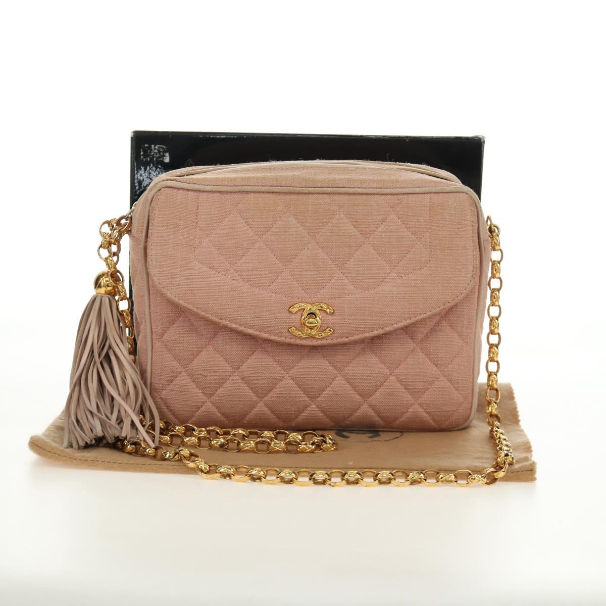 CHANEL Matelasse Chain Shoulder Bag Canvas Pink Gold CC Auth 183065M