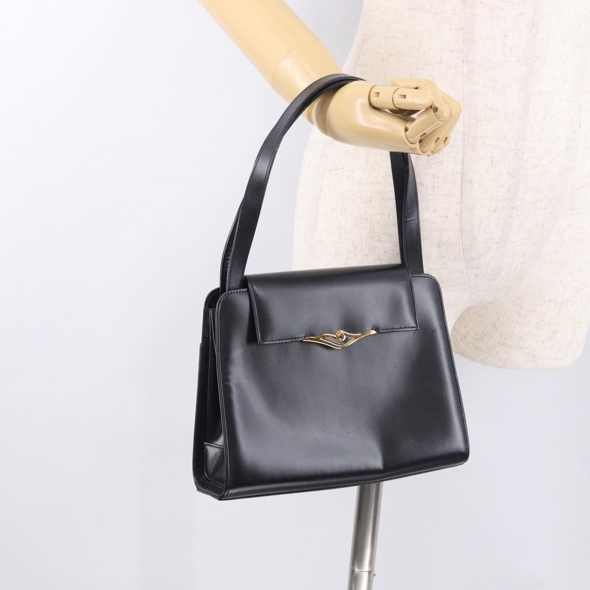 CARTIER Hand Bag Leather Black Gold Auth 183066A