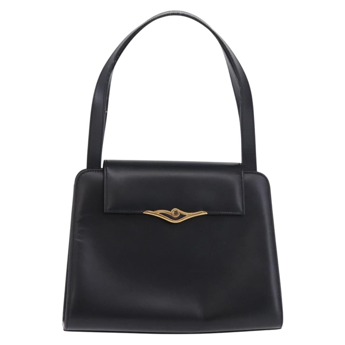 CARTIER Hand Bag Leather Black Gold Auth 183066A