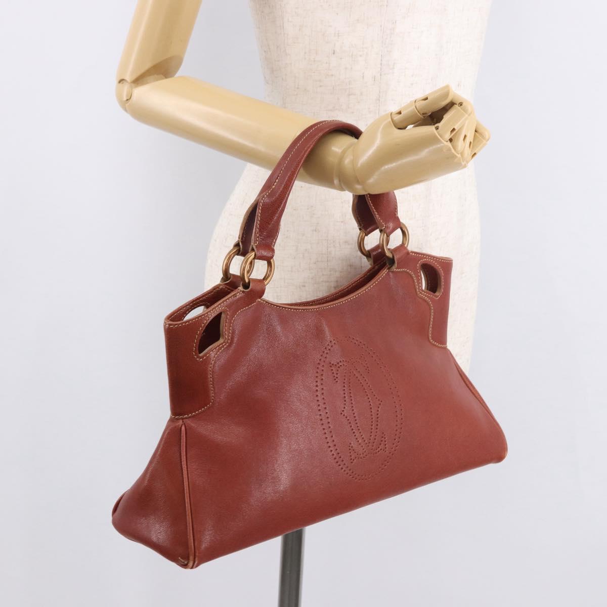 CARTIER Hand Bag Leather Brown Gold Auth 183074A