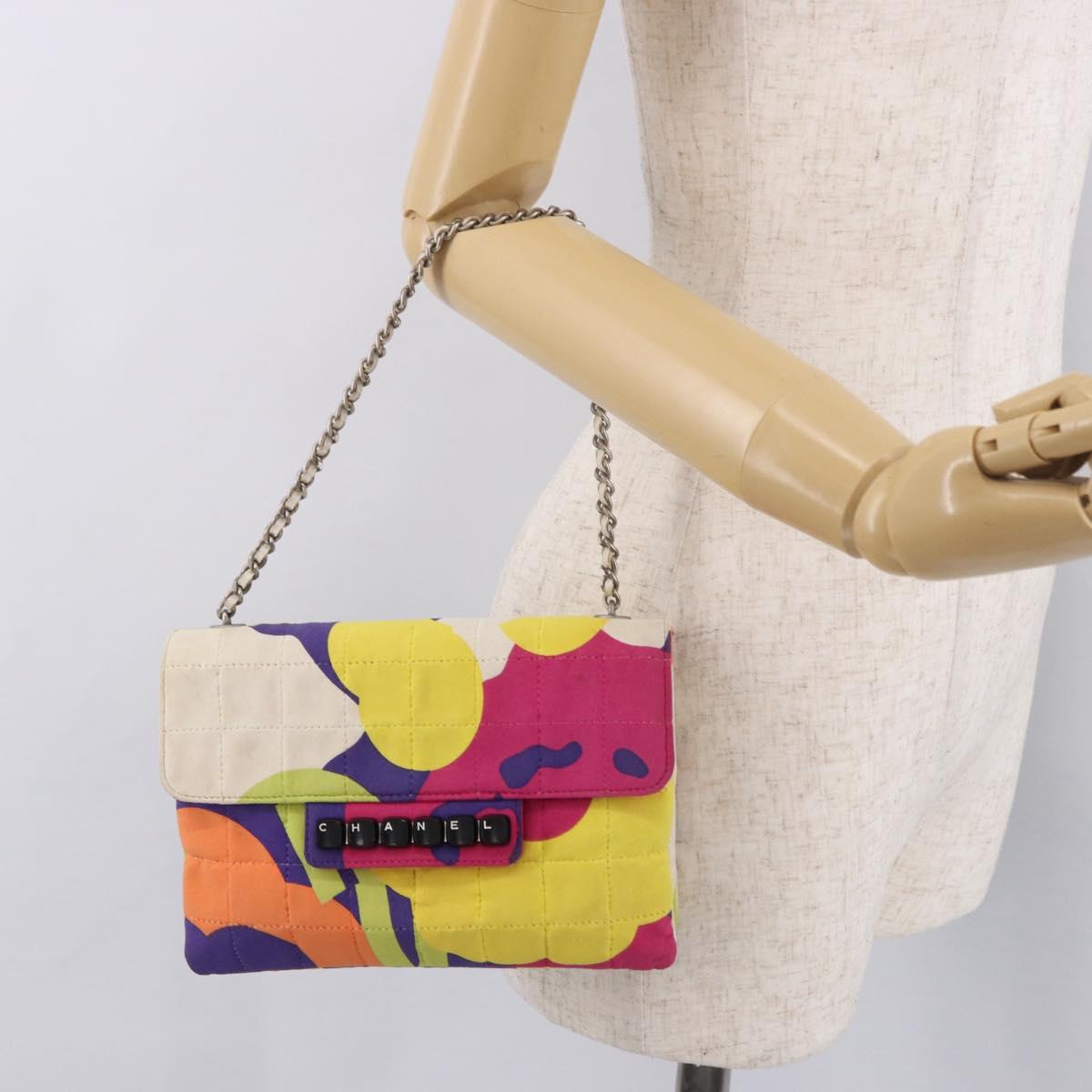 CHANEL Choco Bar Chain Shoulder Bag Cotton Multicolor Silver CC Auth 183077A