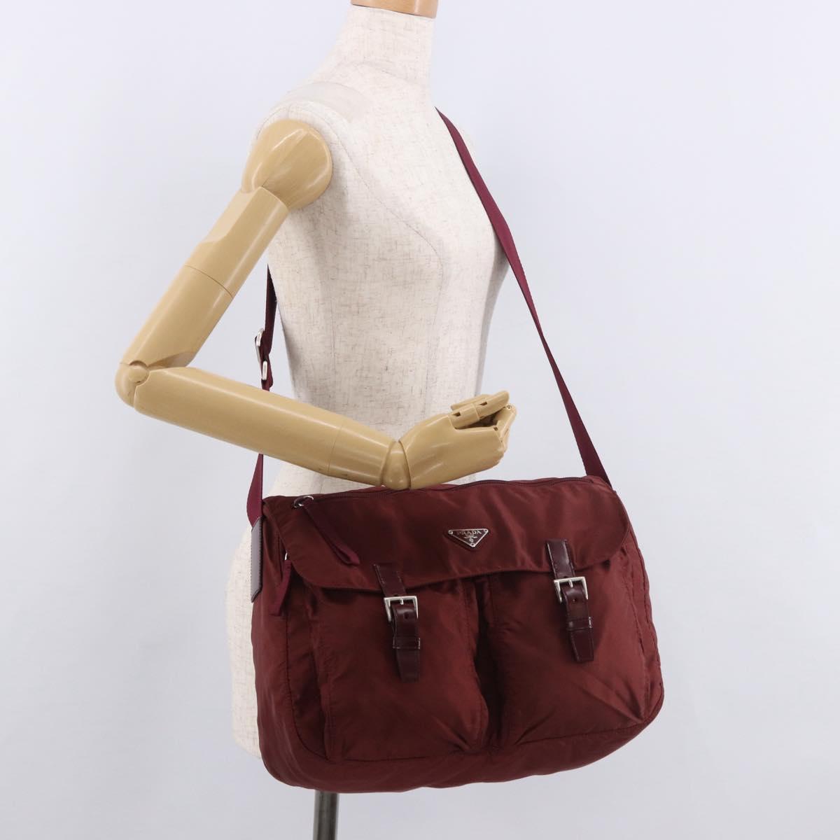 PRADA Shoulder Bag Nylon Red Silver Auth 183081A