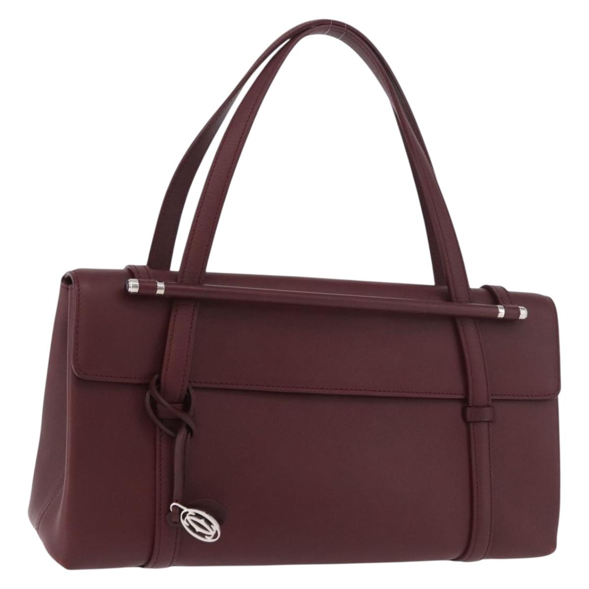 CARTIER Hand Bag Leather Bordeaux Silver Auth 183107V