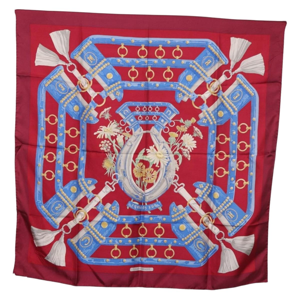 HERMES Carre 90 Scarf ""aux champs"" Silk Red Auth 183130