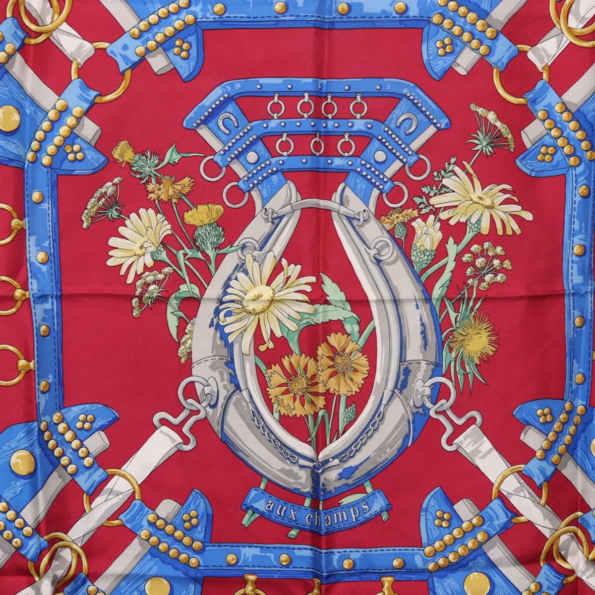 HERMES Carre 90 Scarf ""aux champs"" Silk Red Auth 183130