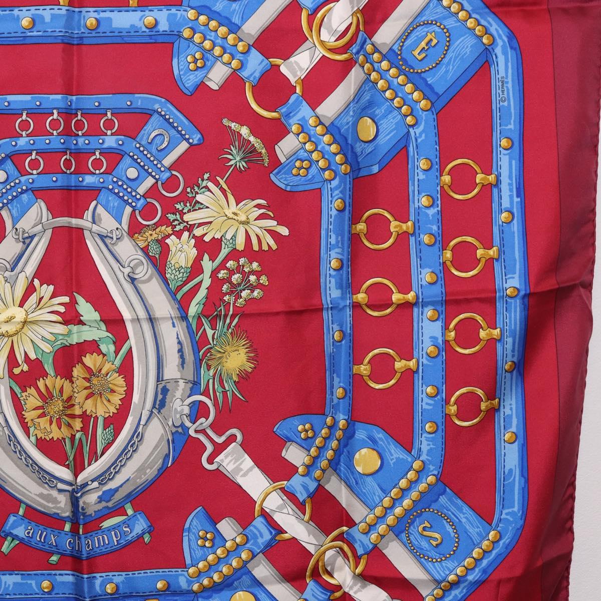 HERMES Carre 90 Scarf ""aux champs"" Silk Red Auth 183130