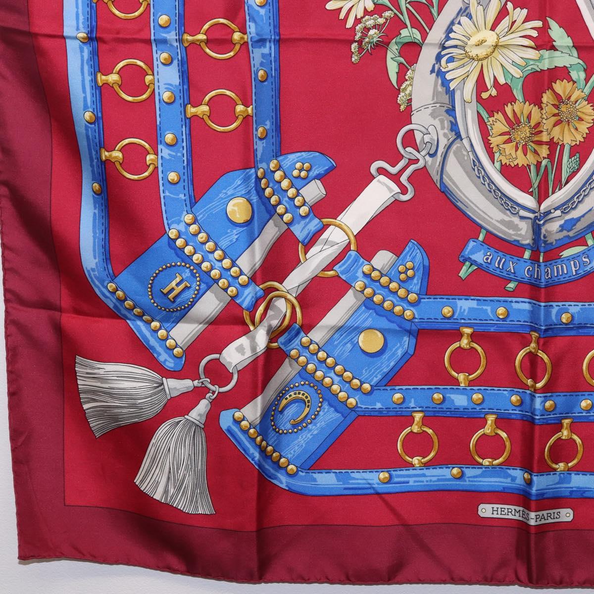 HERMES Carre 90 Scarf ""aux champs"" Silk Red Auth 183130
