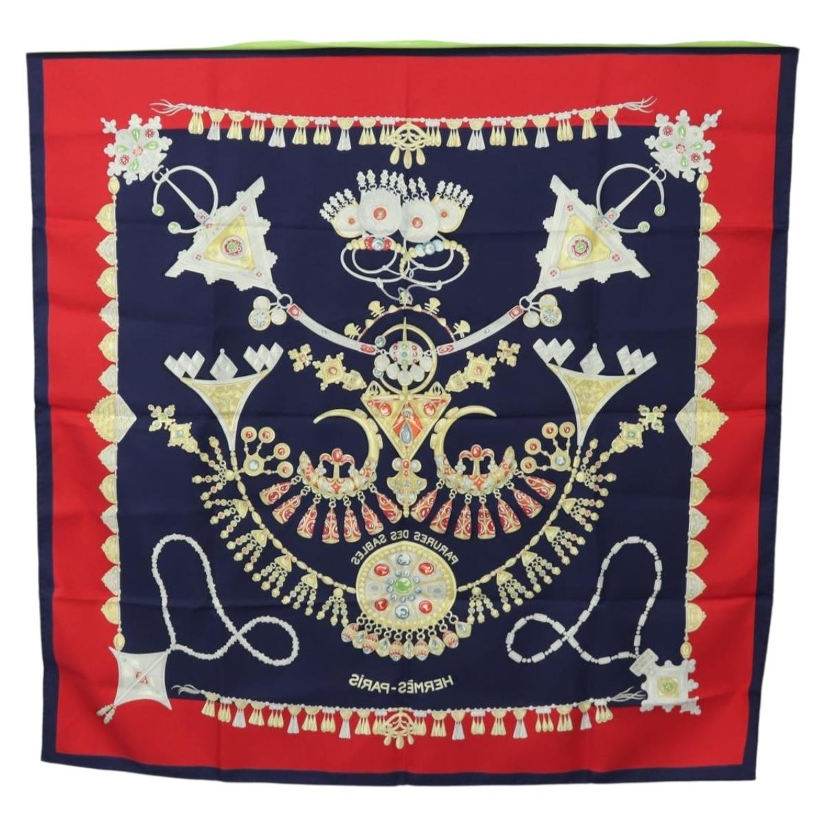 HERMES Carre 90 Scarf ""PARURES DES SABLES"" Silk Navy Auth 183131M