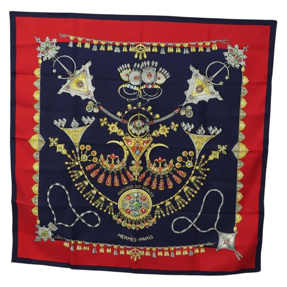 HERMES Carre 90 Scarf ""PARURES DES SABLES"" Silk Navy Auth 183131M