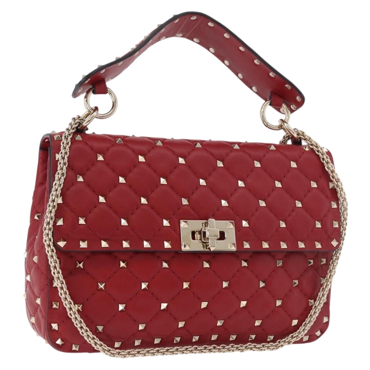 VALENTINO Rock Studs Chain Shoulder Bag Leather 2way Red Gold Auth 183144A