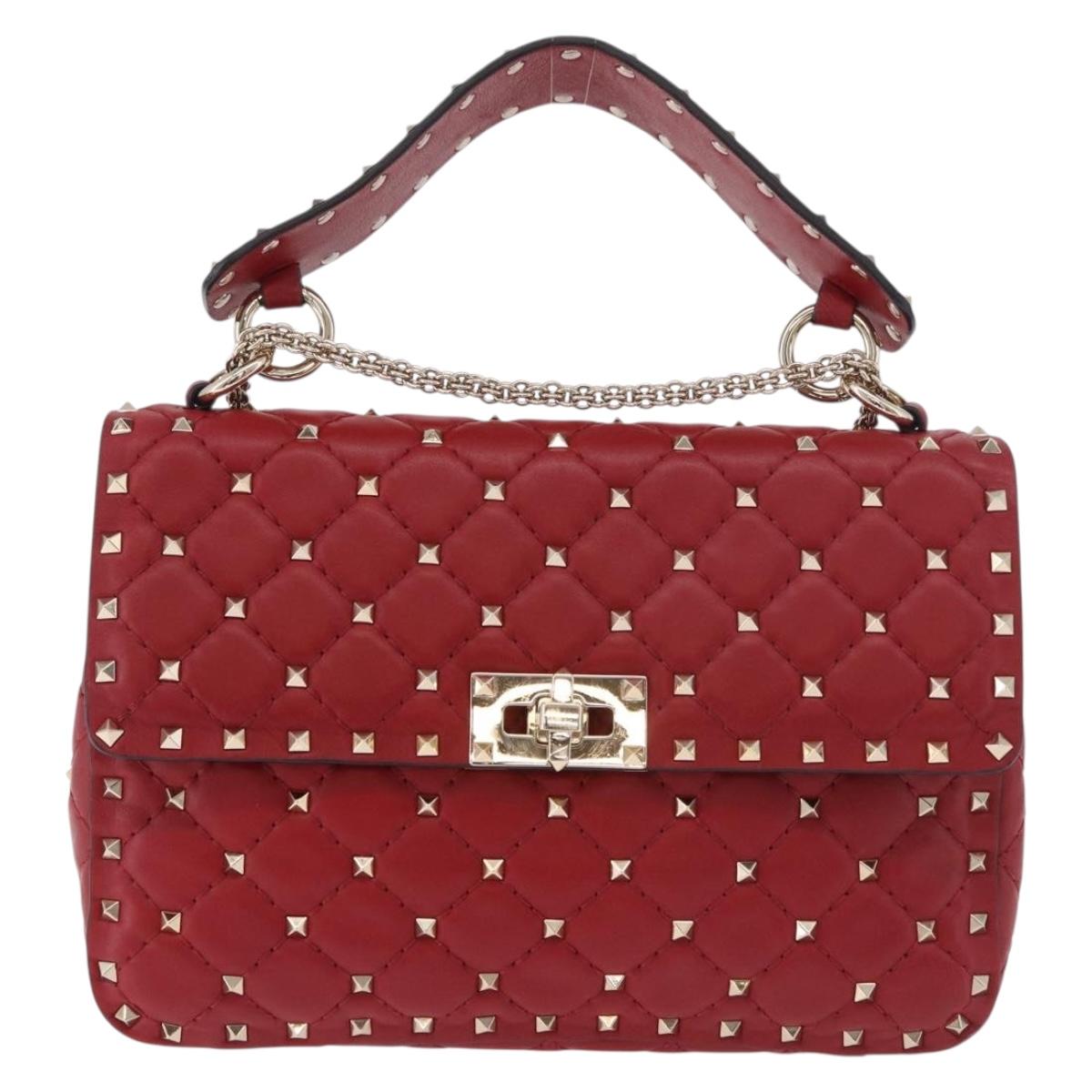 VALENTINO Rock Studs Chain Shoulder Bag Leather 2way Red Gold Auth 183144A