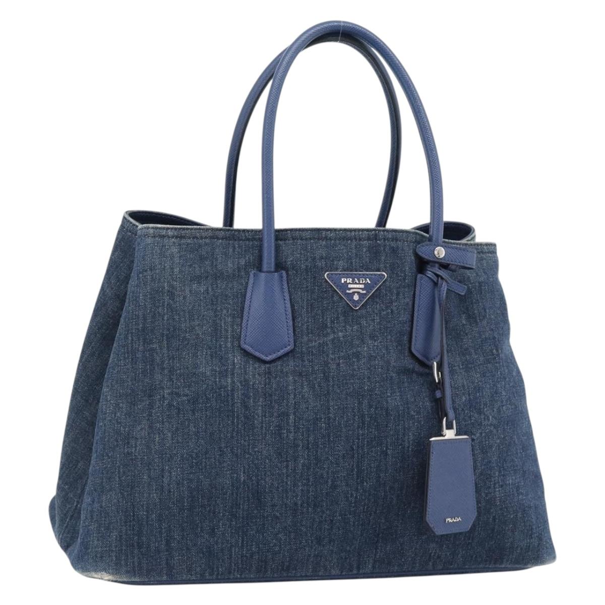 PRADA Tote Bag Denim Blue Silver Auth 183168A