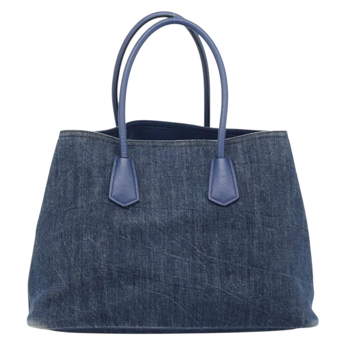 PRADA Tote Bag Denim Blue Silver Auth 183168A