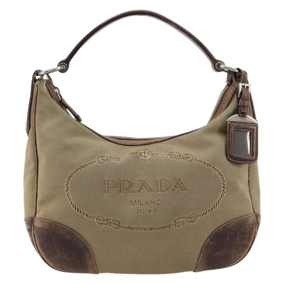 PRADA Shoulder Bag Jacquard Beige Silver Auth 183169