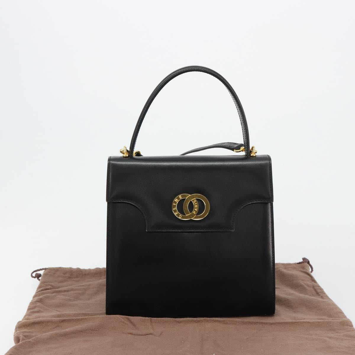 CELINE Hand Bag Leather 2way Black Gold Auth 183194SAV