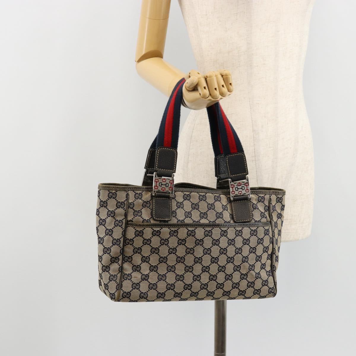 GUCCI GG Canvas Sherry Line Hand Bag Navy Silver 145810 Auth 183200