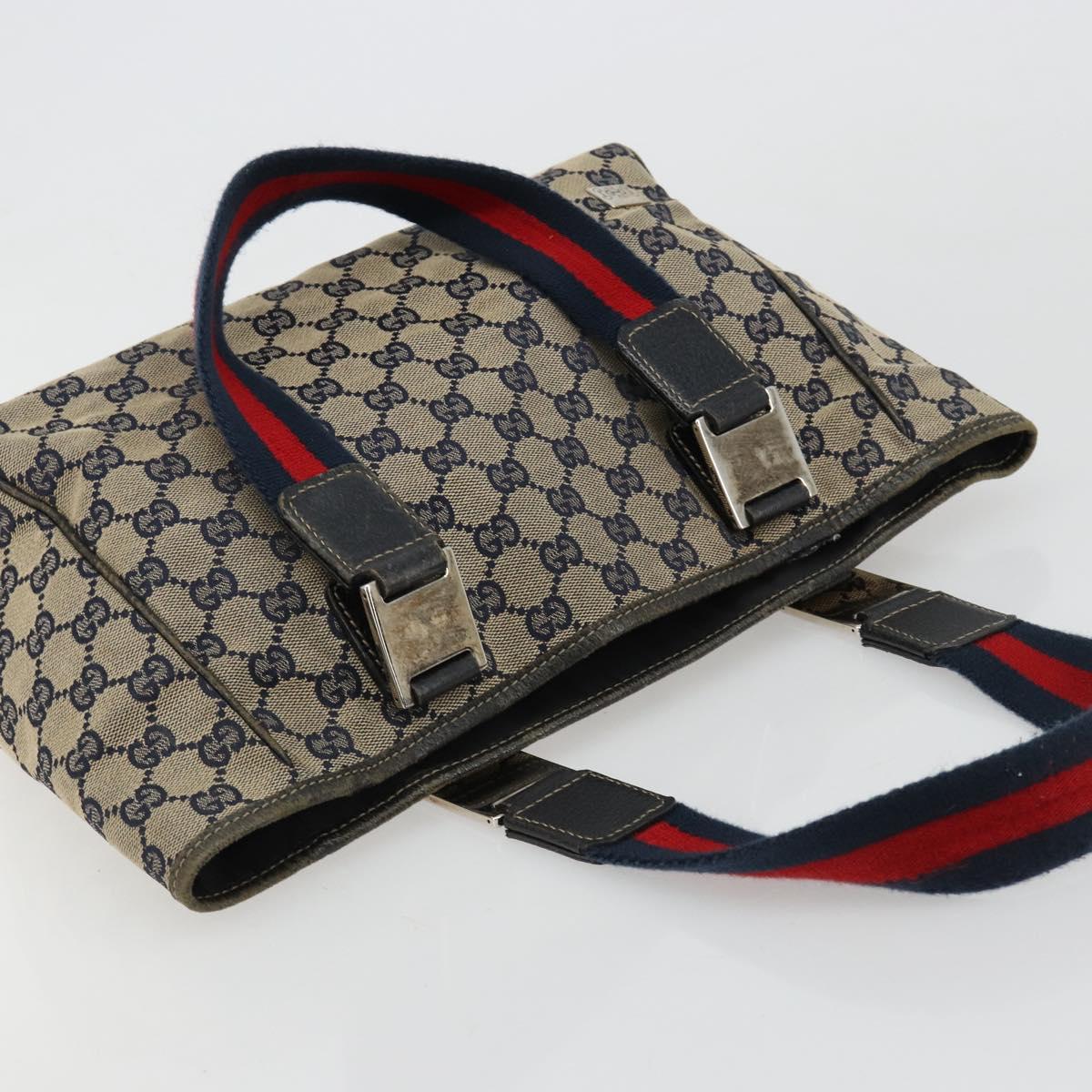 GUCCI GG Canvas Sherry Line Hand Bag Navy Silver 145810 Auth 183200