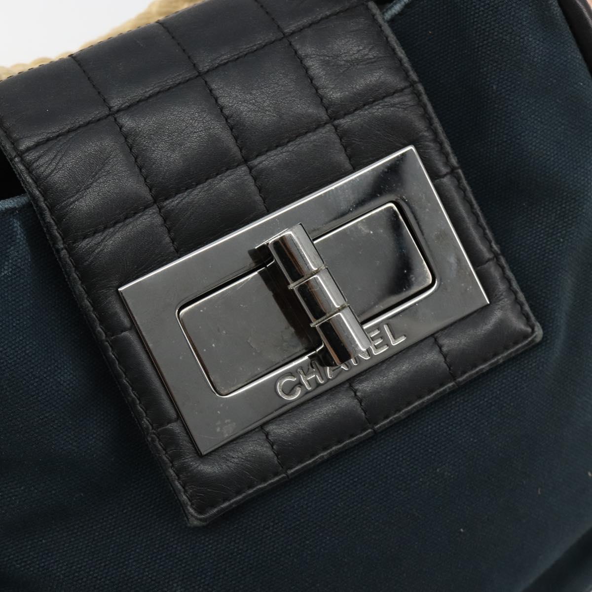CHANEL Choco Bar Hand Bag Canvas Navy Silver CC Auth 183201