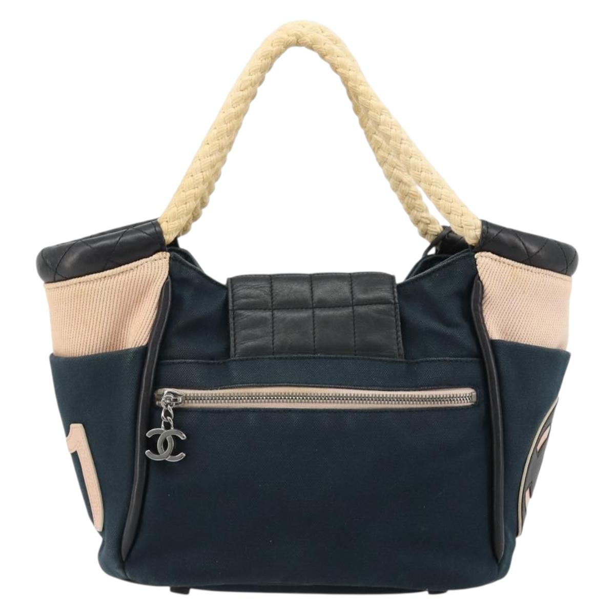CHANEL Choco Bar Hand Bag Canvas Navy Silver CC Auth 183201