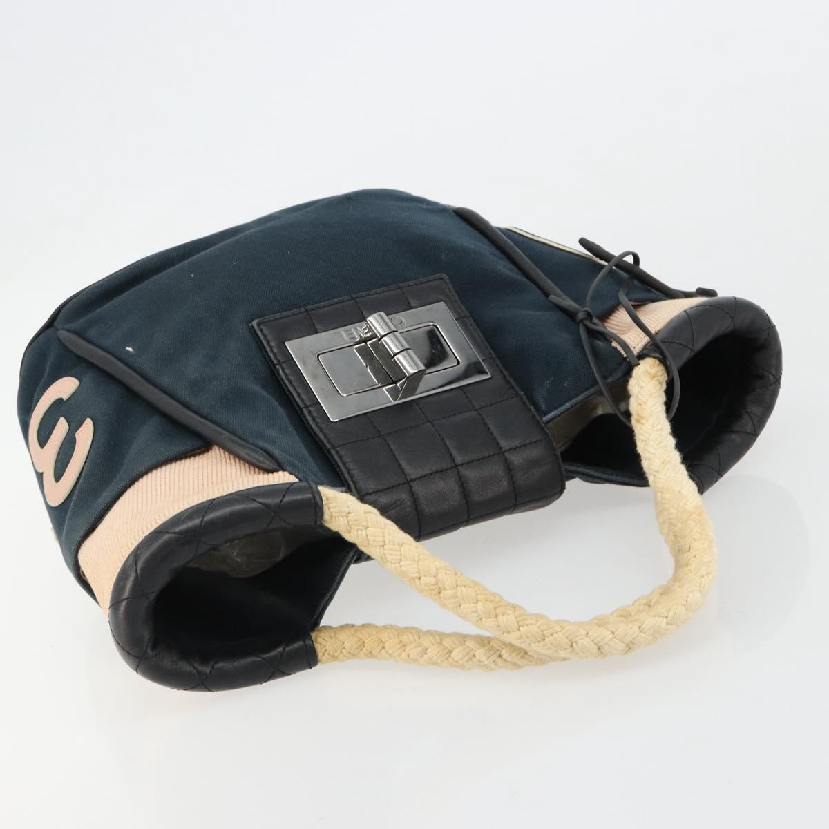CHANEL Choco Bar Hand Bag Canvas Navy Silver CC Auth 183201