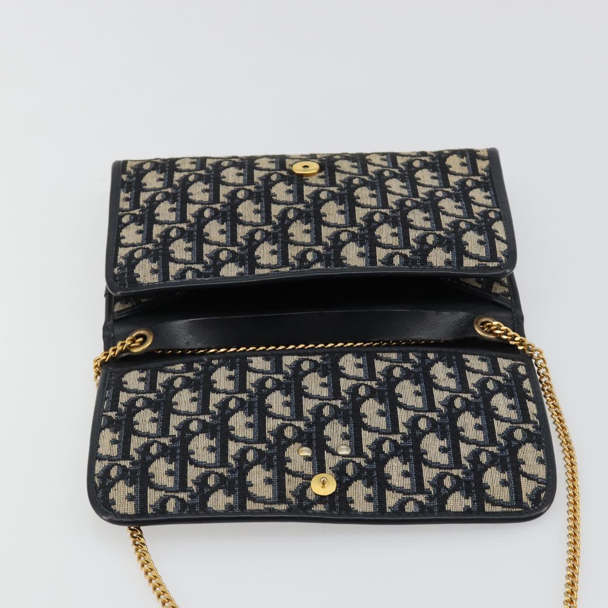 Christian Dior Trotter Canvas Chain Shoulder Bag Navy Gold Auth 183216A