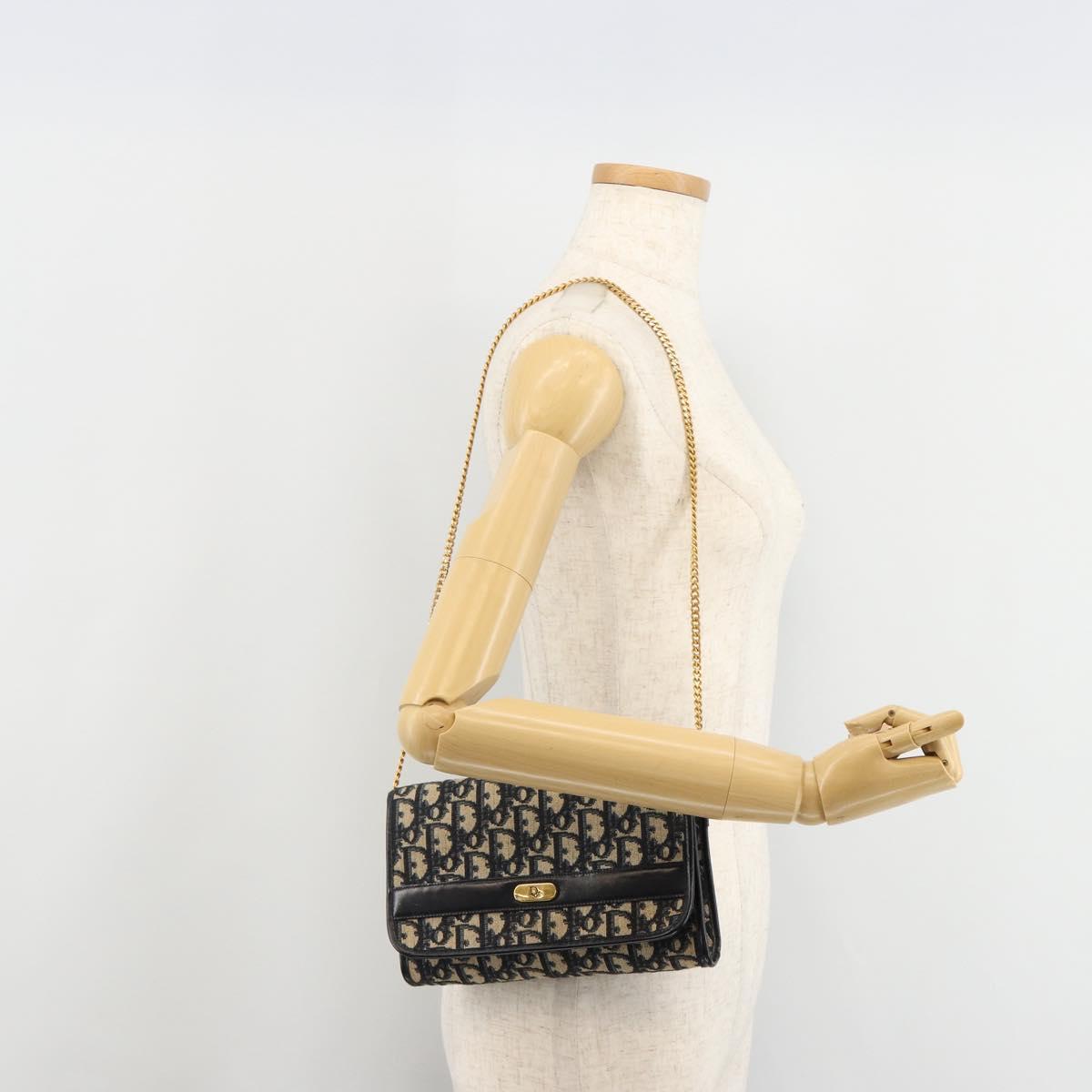 Christian Dior Trotter Canvas Chain Shoulder Bag Navy Gold Auth 183216A