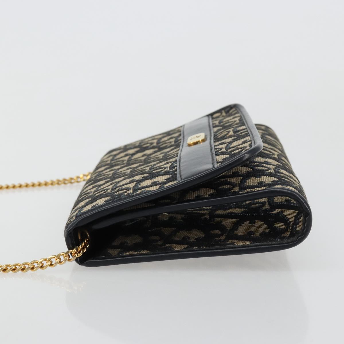 Christian Dior Trotter Canvas Chain Shoulder Bag Navy Gold Auth 183216A
