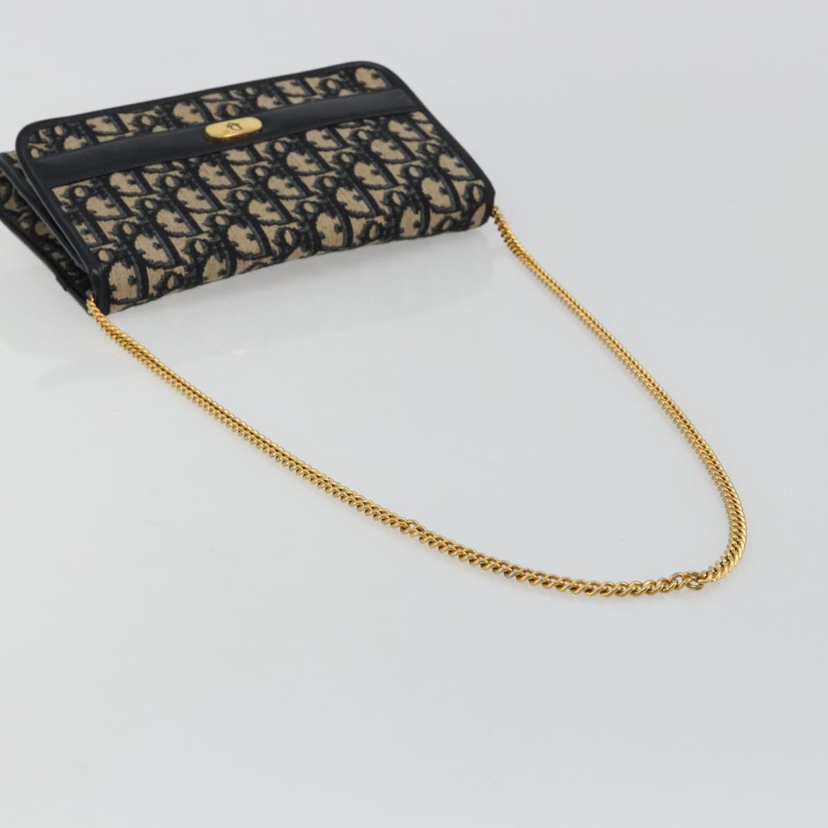 Christian Dior Trotter Canvas Chain Shoulder Bag Navy Gold Auth 183216A