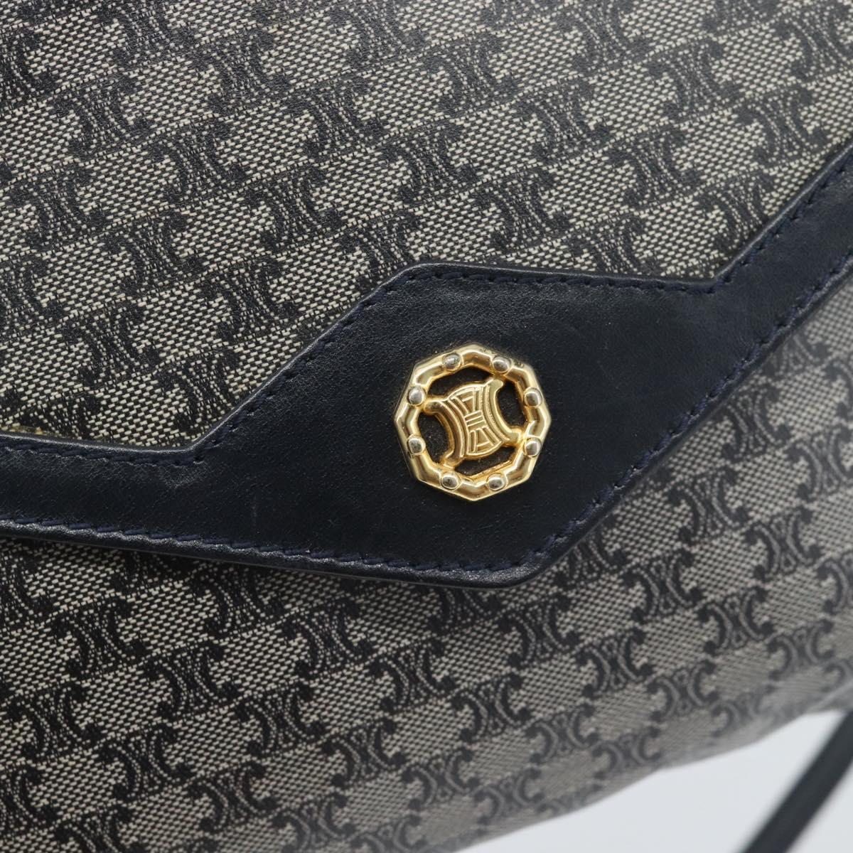 CELINE Macadam Canvas Shoulder Bag PVC Navy Gold Auth 183228A