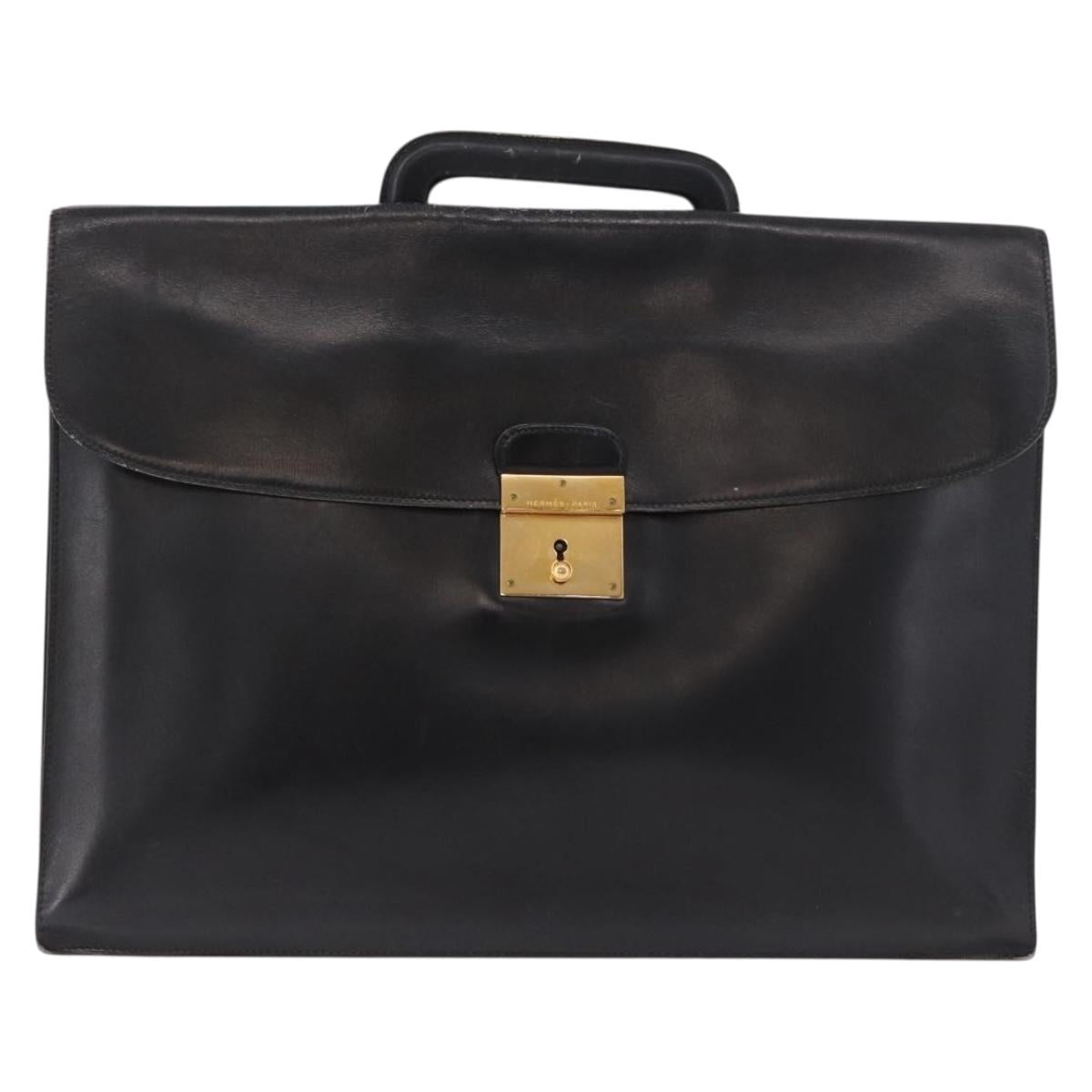 HERMES Kirius Business Bag Leather Black Gold Auth 183240