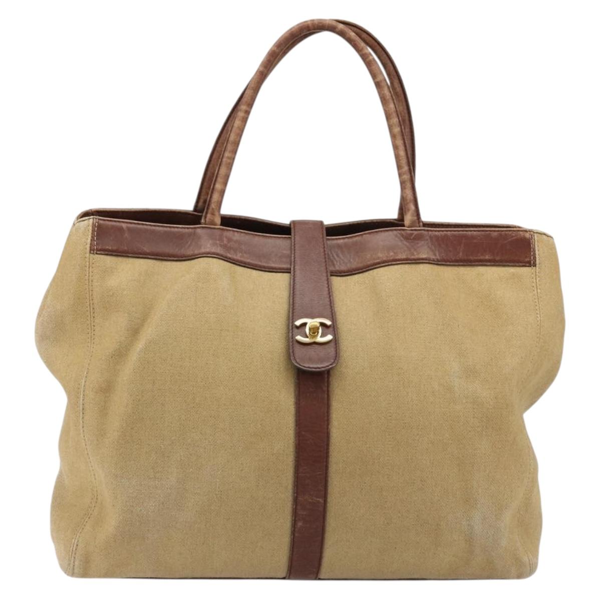 CHANEL Tote Bag Coated Canvas Beige Gold CC Auth 183241