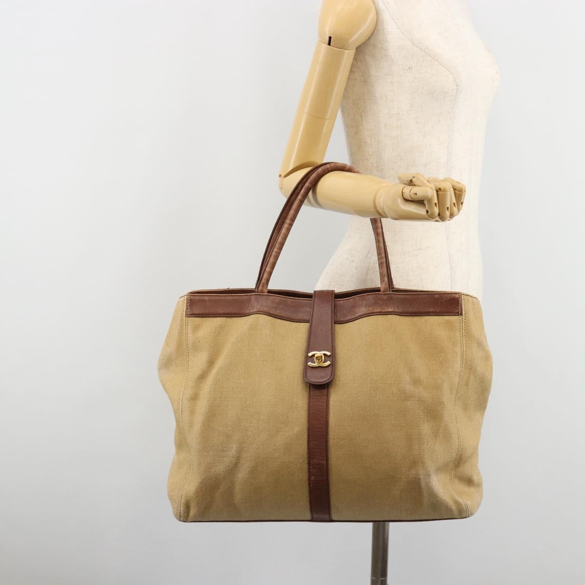 CHANEL Tote Bag Coated Canvas Beige Gold CC Auth 183241