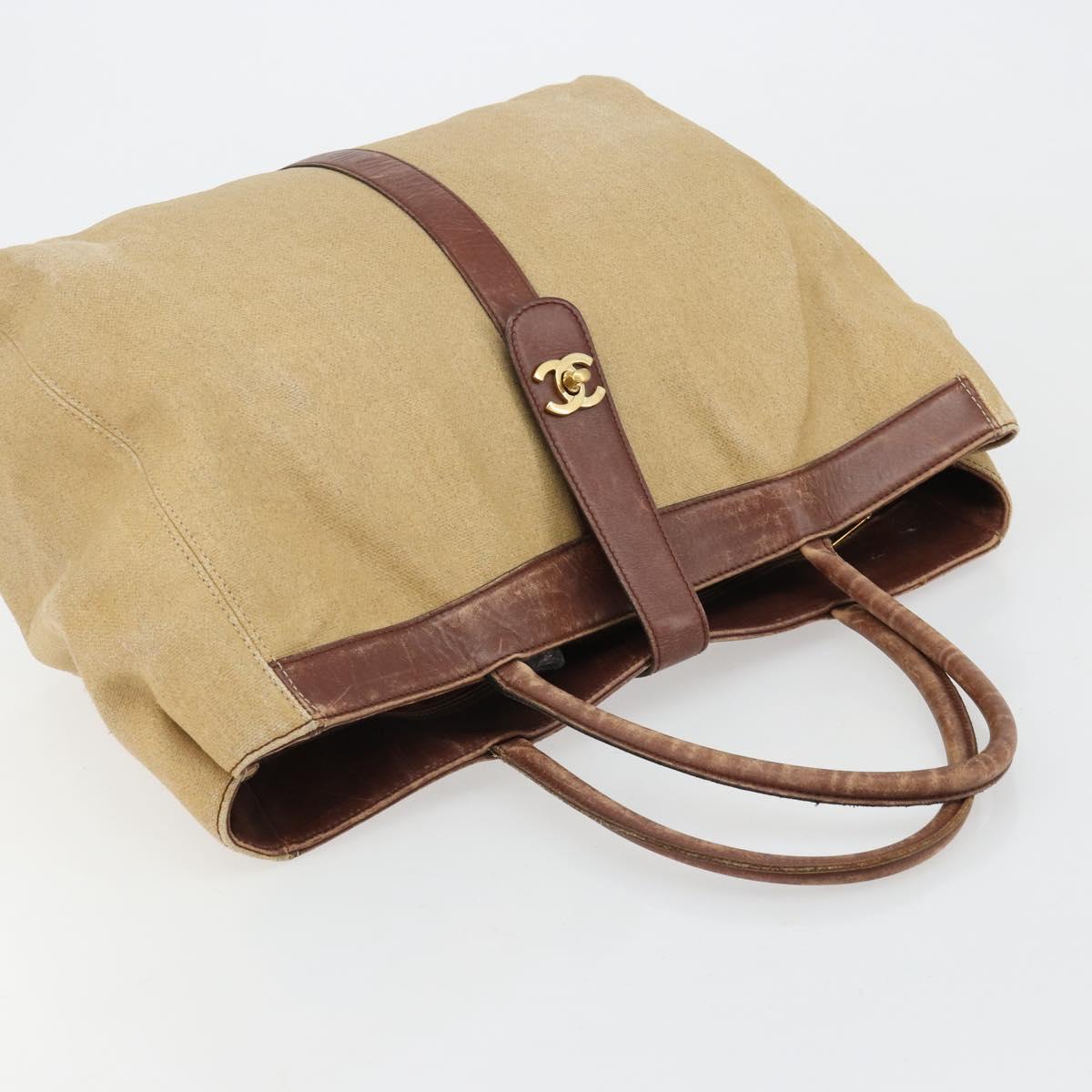 CHANEL Tote Bag Coated Canvas Beige Gold CC Auth 183241
