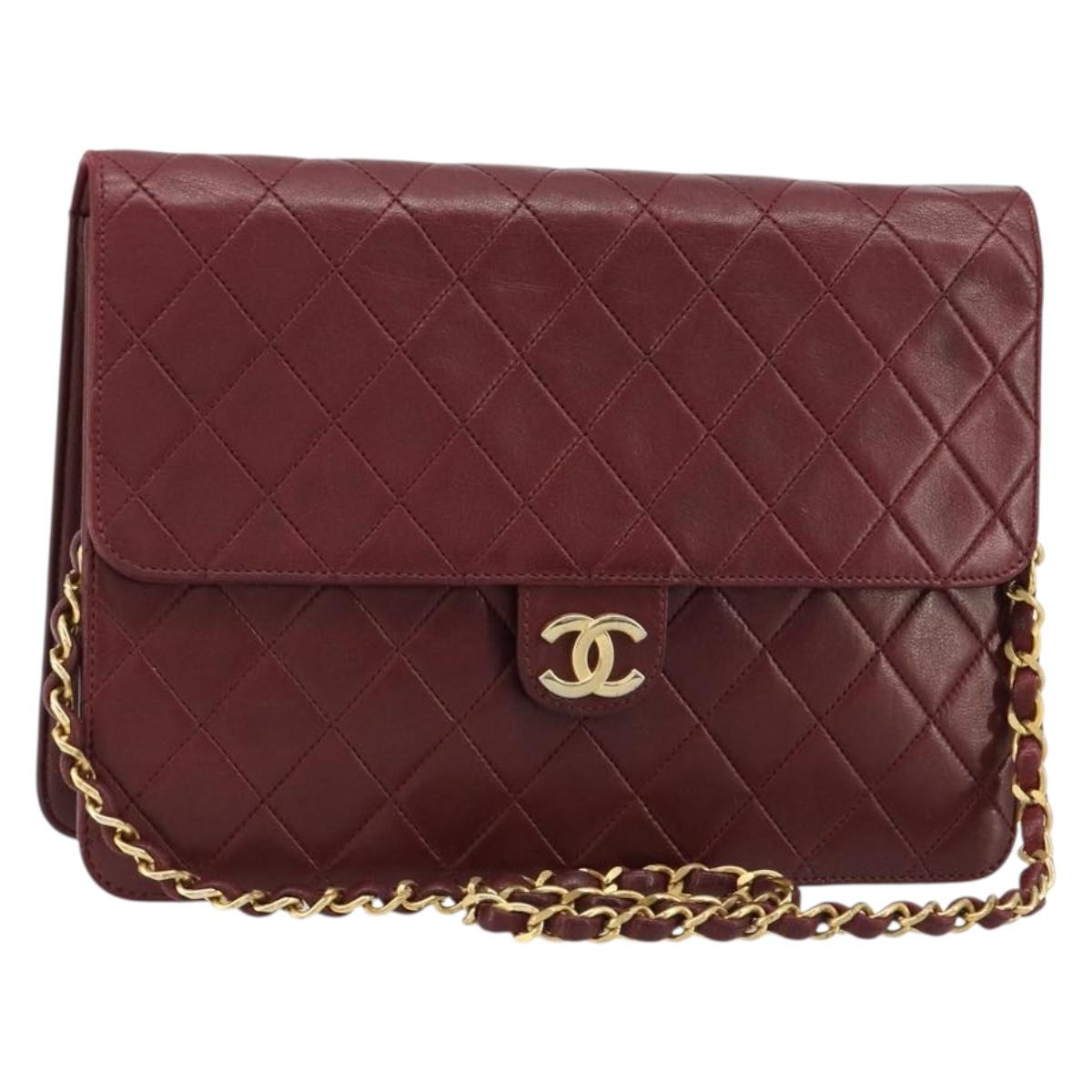 CHANEL Matelasse Chain Shoulder Bag Lamb Skin Bordeaux Gold CC Auth 183248A