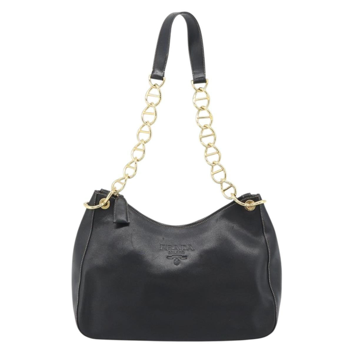 PRADA Chain Shoulder Bag Leather Black Gold Auth 183263A