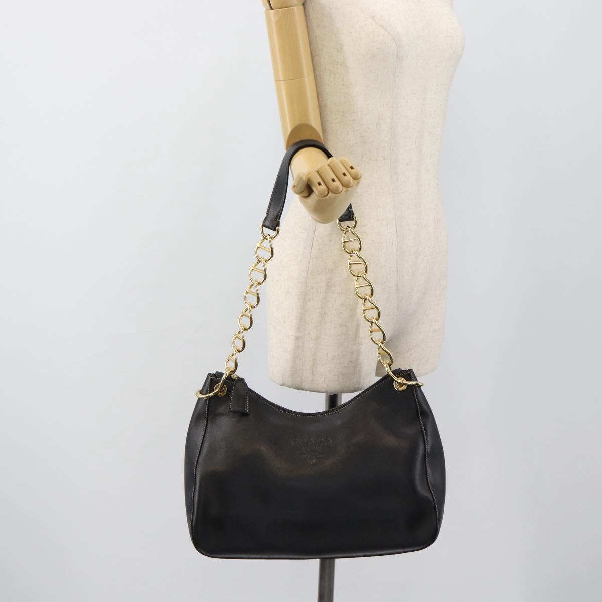 PRADA Chain Shoulder Bag Leather Black Gold Auth 183263A