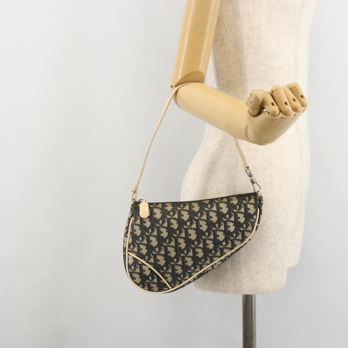 Christian Dior Trotter Canvas Saddle Pouch PVC Navy Silver Auth 183268