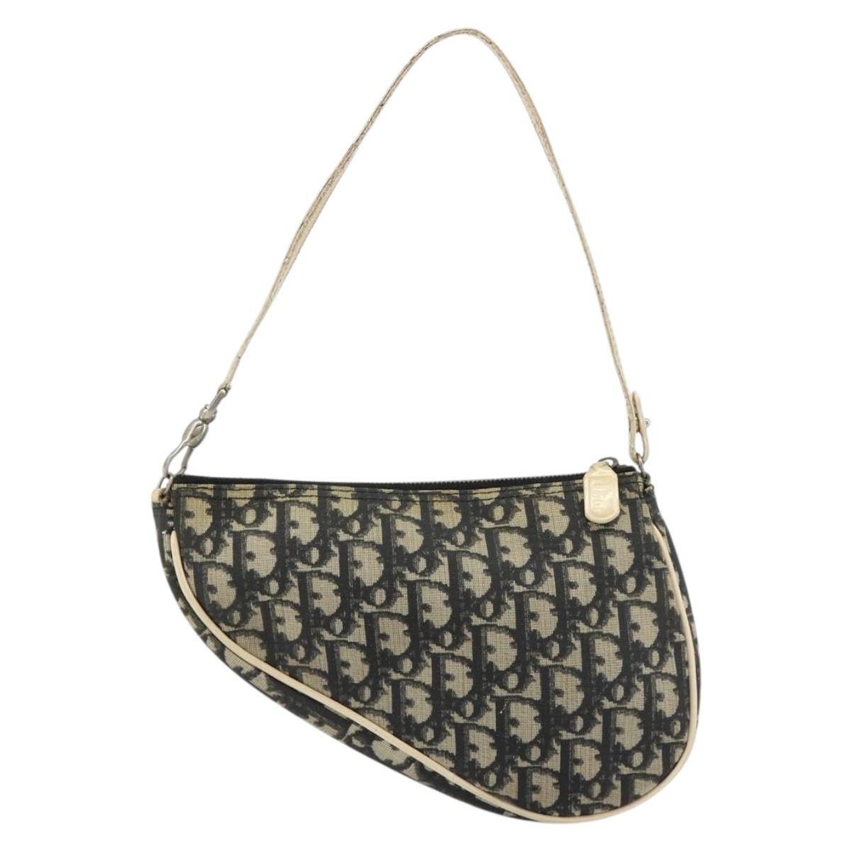 Christian Dior Trotter Canvas Saddle Pouch PVC Navy Silver Auth 183268